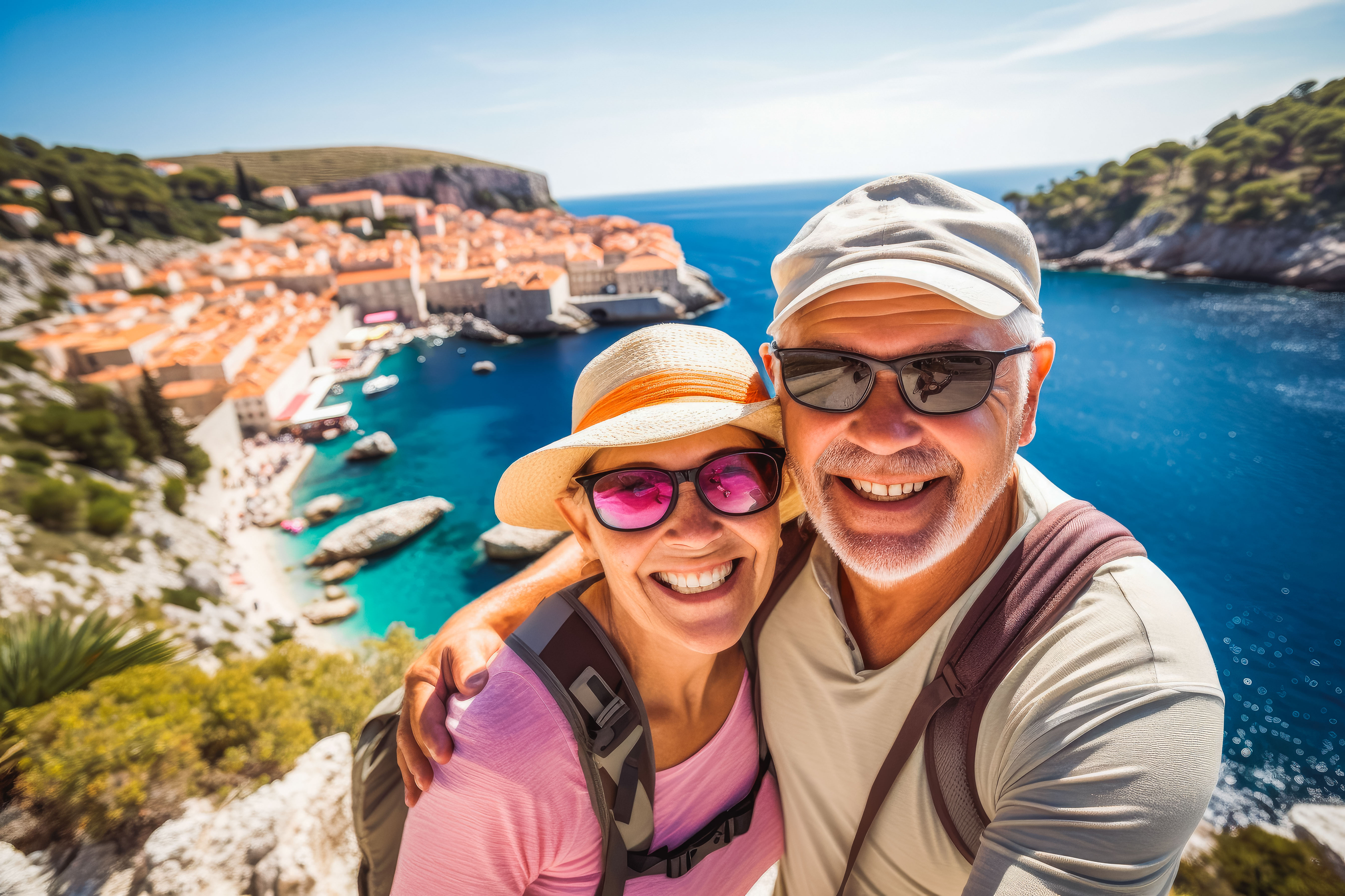 Paar mit Sonnenbrille beim Urlaub in Kroatien und Dankeschön Paket für die Teilnahme am virtuellen ReiseBegegnung